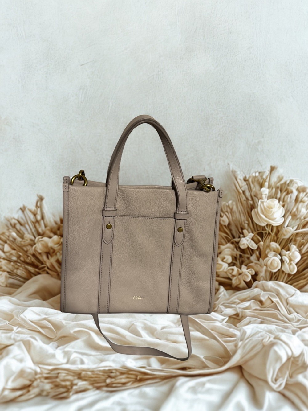 Taupe Leather Tote Bag with Top Handles